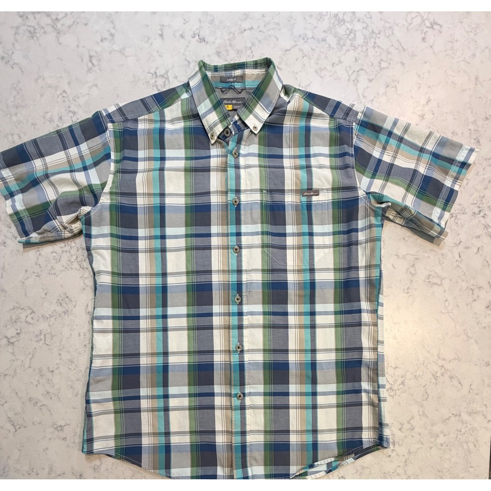 Eddie Bauer Mens Medium Classic Fit Plaid Short Sleeve Button Down Shirt Green
